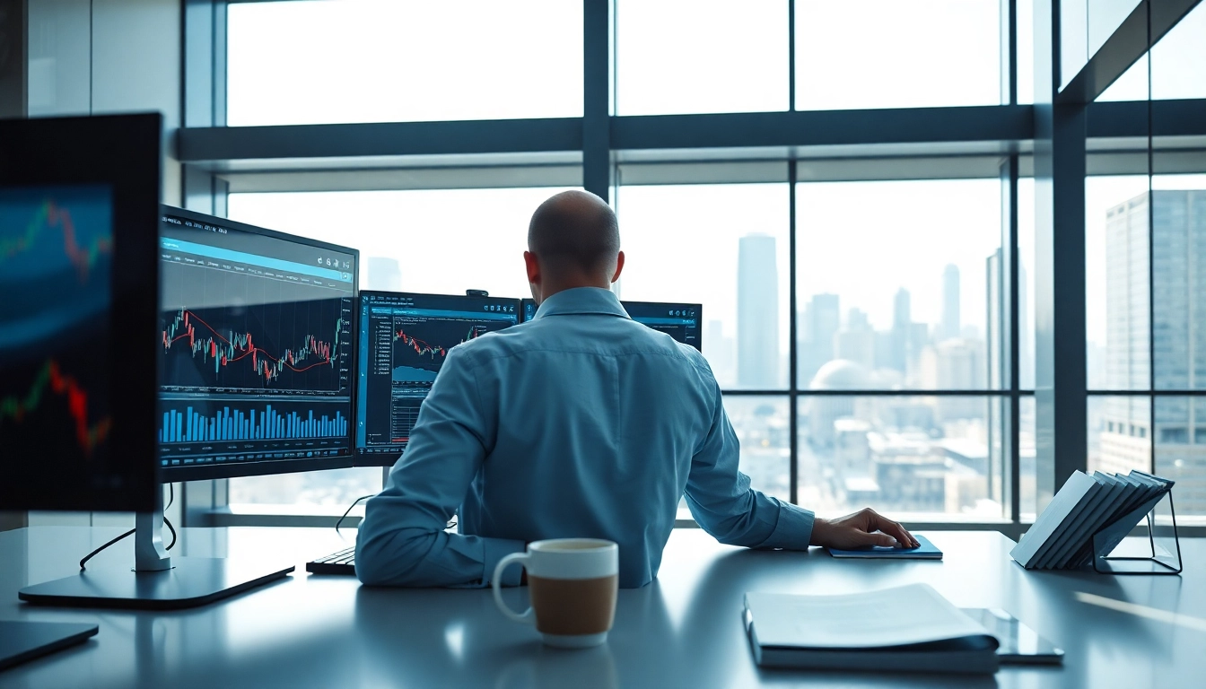 Trader engaged with webull desktop application in a modern office setting, analyzing stock charts.