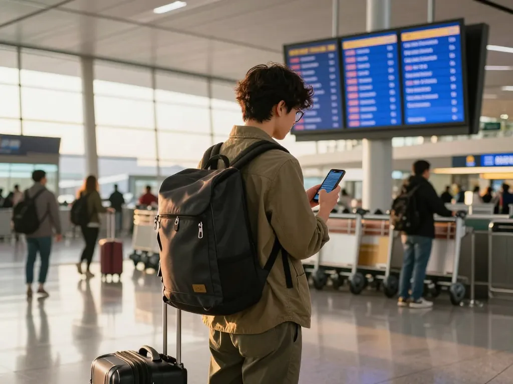 Excited traveler in airport terminal checking flight status on smartphone with vibrant 789P departure boards in the background.