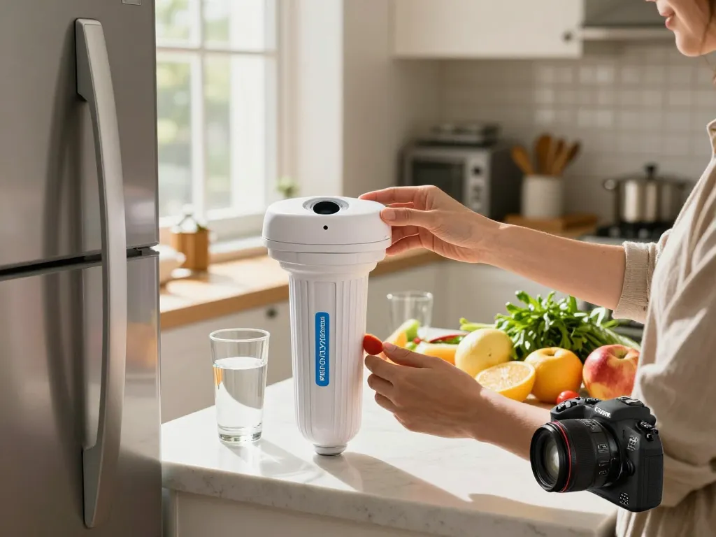 Replacing the Filterlogic ADQ73613401 Refrigerator Water Filter in a bright kitchen with fresh ingredients nearby, showcasing home maintenance.