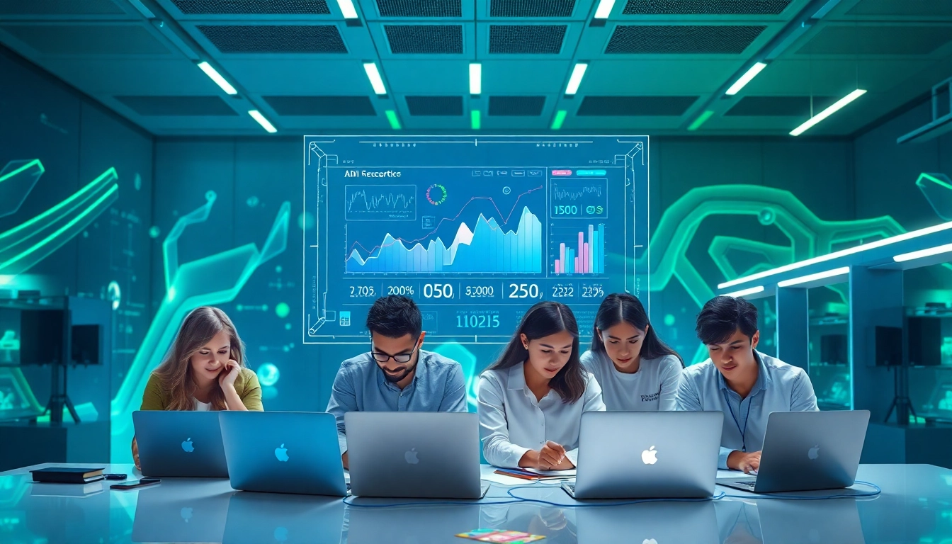 Visualize EORMC AI development in a futuristic blockchain lab with vibrant data analytics.