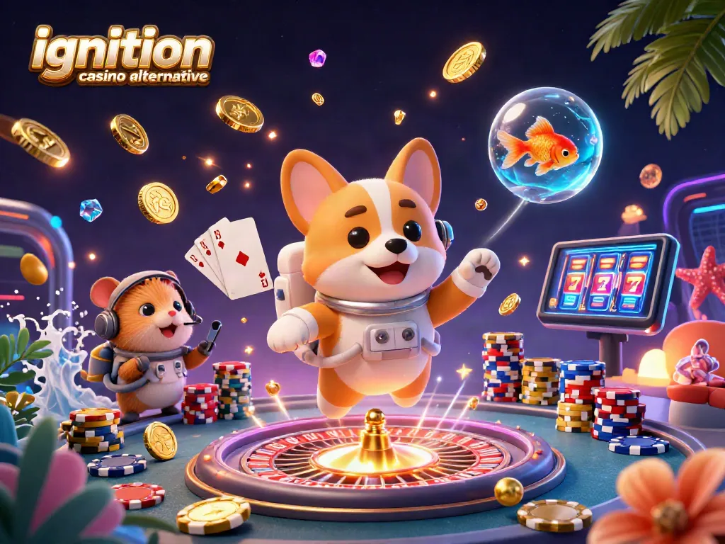 Experience the ignition casino alternative with a 3D cartoon scene featuring a playful astronaut corgi and vibrant casino elements.