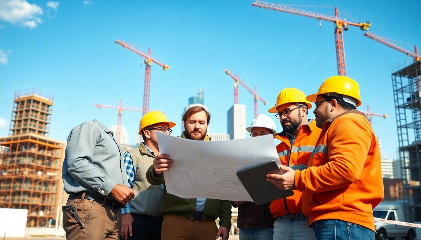Engaged construction workers promote construction advocacy carolinas discussing project blueprints.