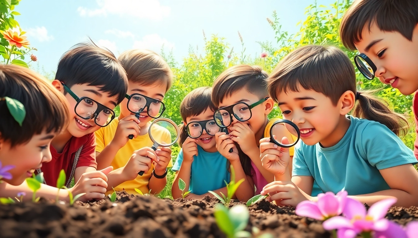 Children exploring nature at a science and nature camp, examining insects and enjoying outdoor learning.