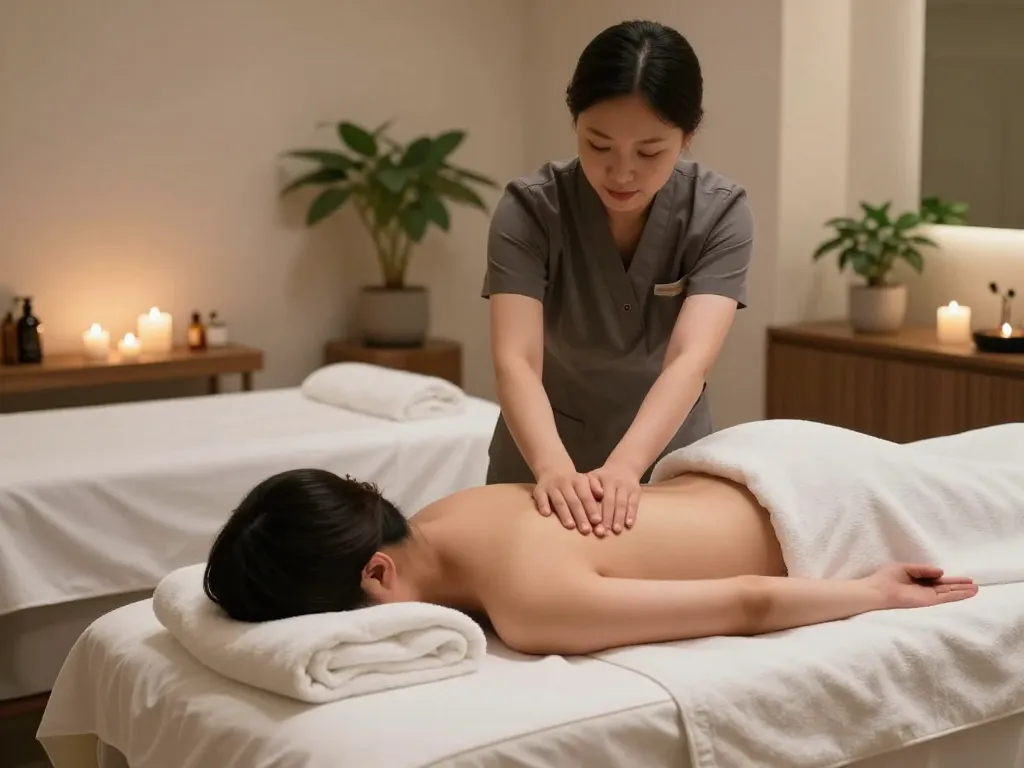 The relaxing atmosphere of a 강남스웨디시 massage therapy session in a luxurious spa.