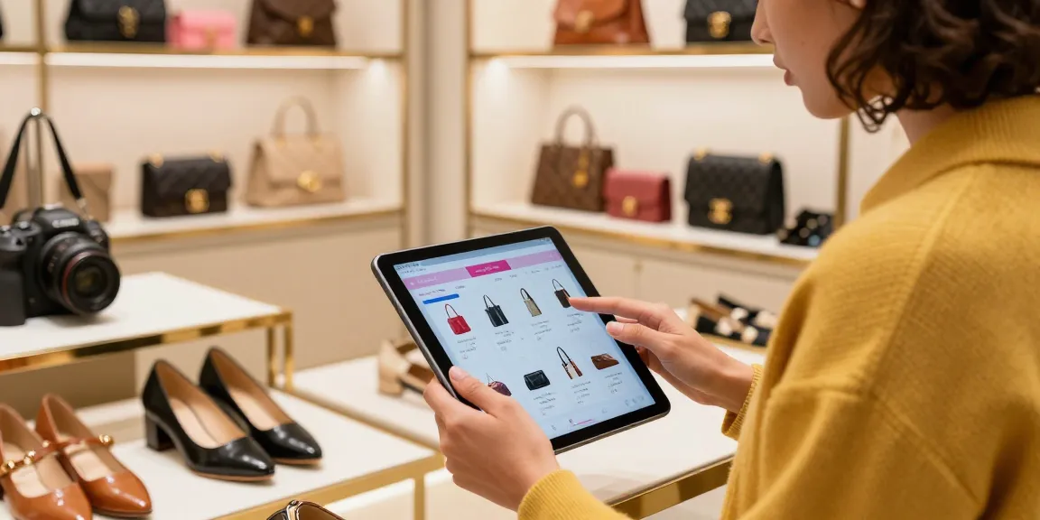 Engaging scene at a 레플리카 쇼핑몰 showcasing stylish luxury items and a shopper exploring premium quality products.