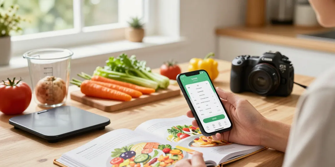 Person tracking food with best food tracker app in a bright kitchen.