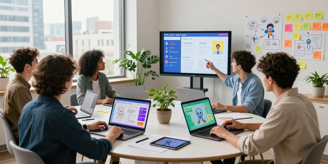 Engaged team collaborating on a spicy AI project in a bright creative workspace.