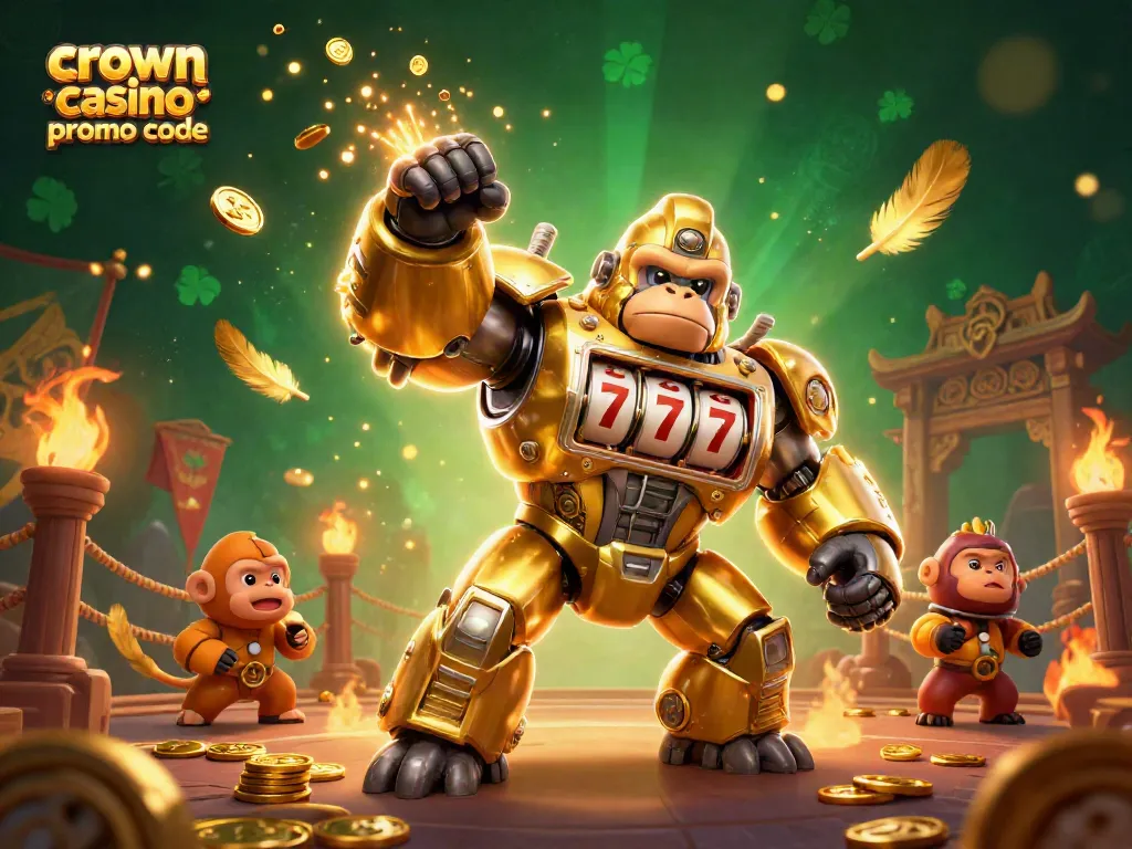 Claim exciting rewards using crown coins casino promo code in a vibrant casino-themed scene.