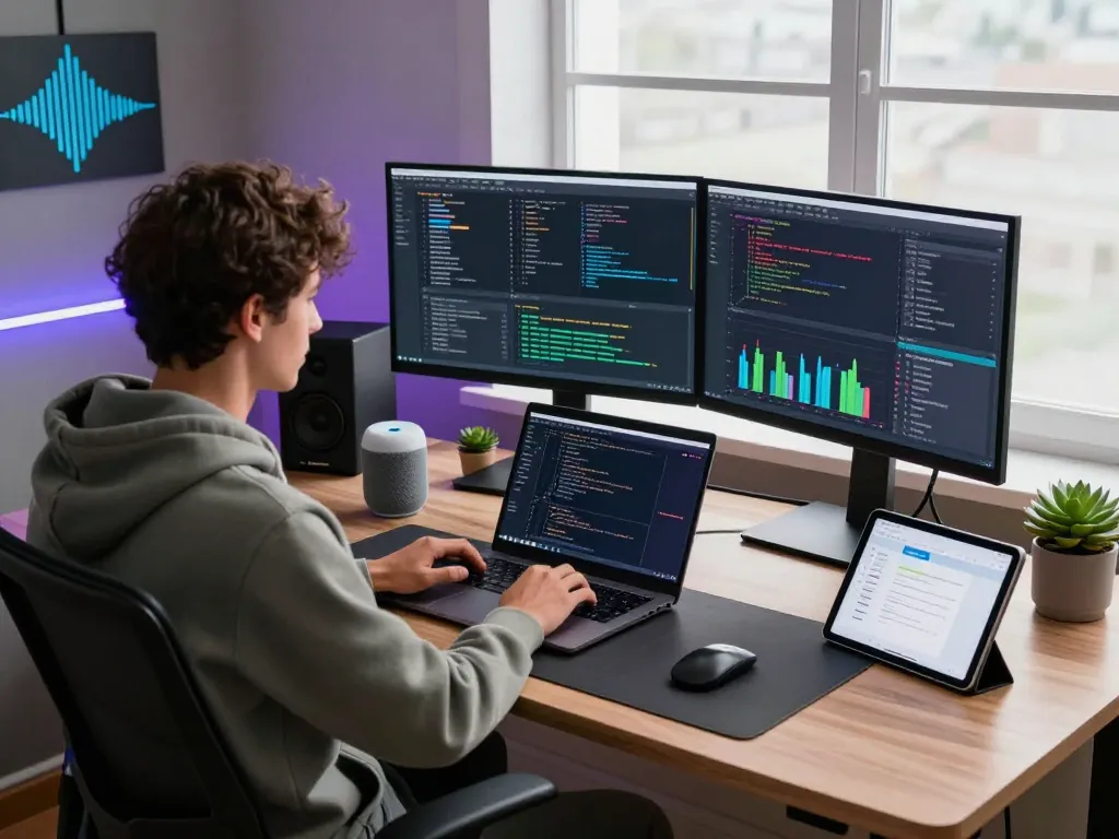 Developer coding with clawdbot ai in a modern workspace with vibrant screens and ambient lighting.