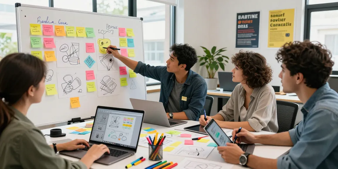 Dynamic collaboration on a mixboard with diverse team brainstorming visually.