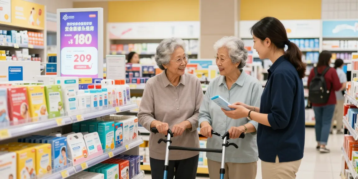 HK Senior Mall shopping scene with elderly couple exploring healthcare products together in a vibrant retail environment.