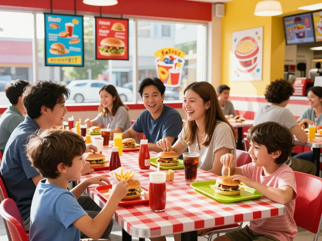 Family enjoying a variety of fast food menu items at a lively restaurant.