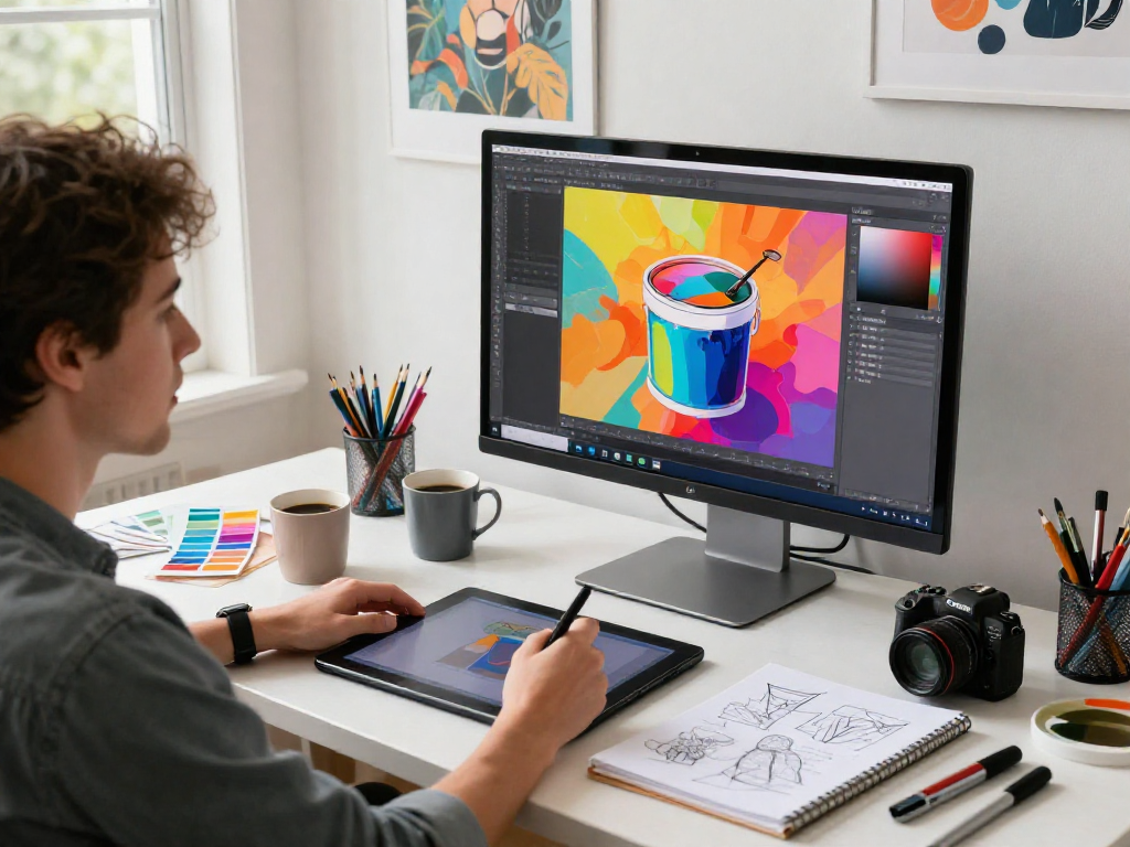 Artist editing a vibrant design using the paint-bucket tool in a modern workspace.