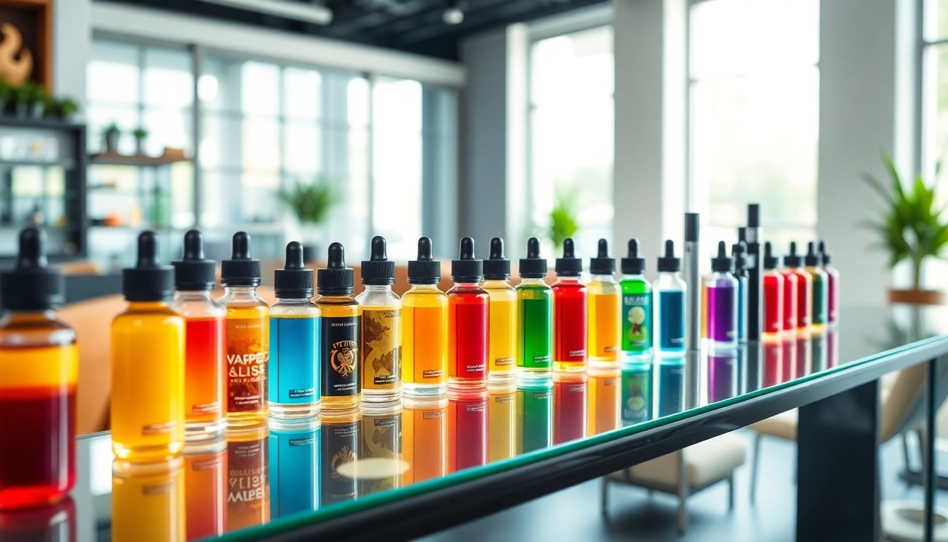 Showcasing vibrant vape juice bottles in a modern vape shop environment.