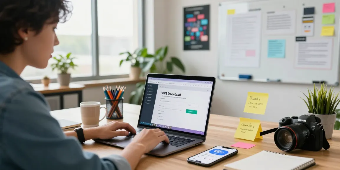 WPS Download features a user in a vibrant workspace enhancing productivity with tech tools.