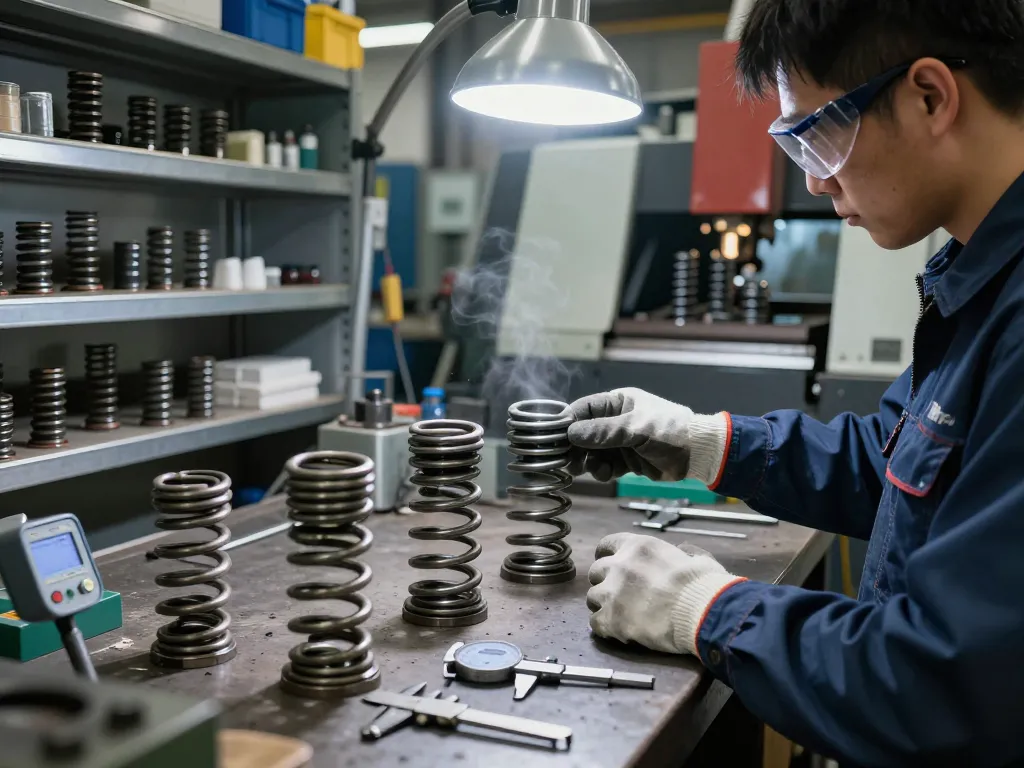 Inginer examinând arcuri conice într-un atelier de industrie grea, înconjurat de unelte și mașini.