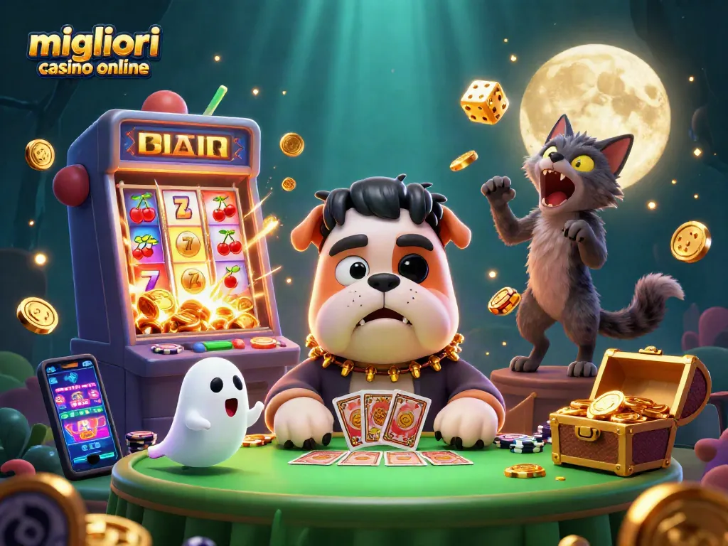 I migliori casino online offrono un'esperienza unica con un bulldog Frankenstein e un gattino lupo in una scena vivace.