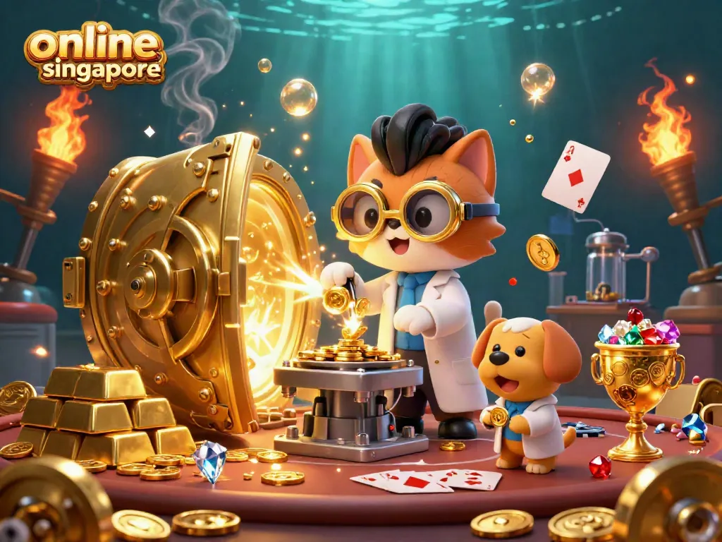 Join the excitement of online poker singapore with illustrative 3D characters and rich casino elements.