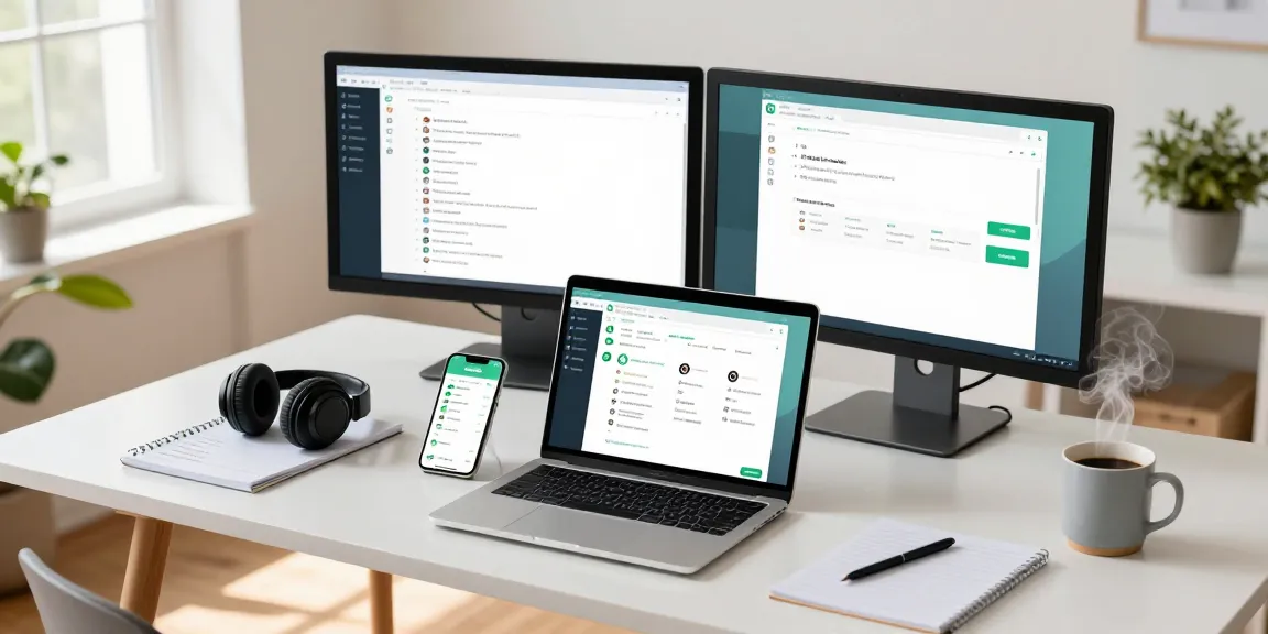 Connecting to WhatsApp網頁版 on a sleek laptop in a modern workspace