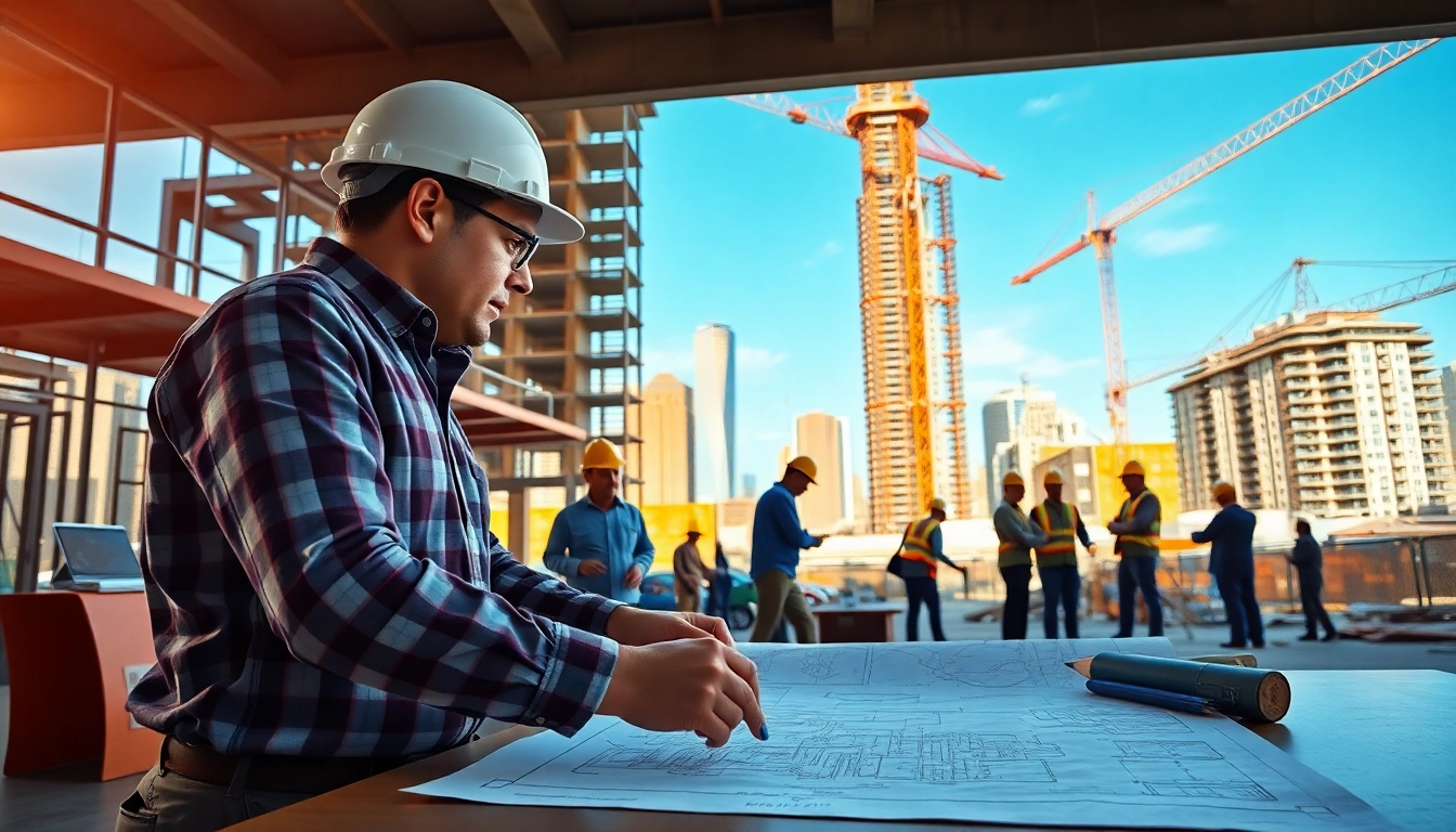 Manhattan General Contractor supervising a construction site with blueprints and team collaboration.