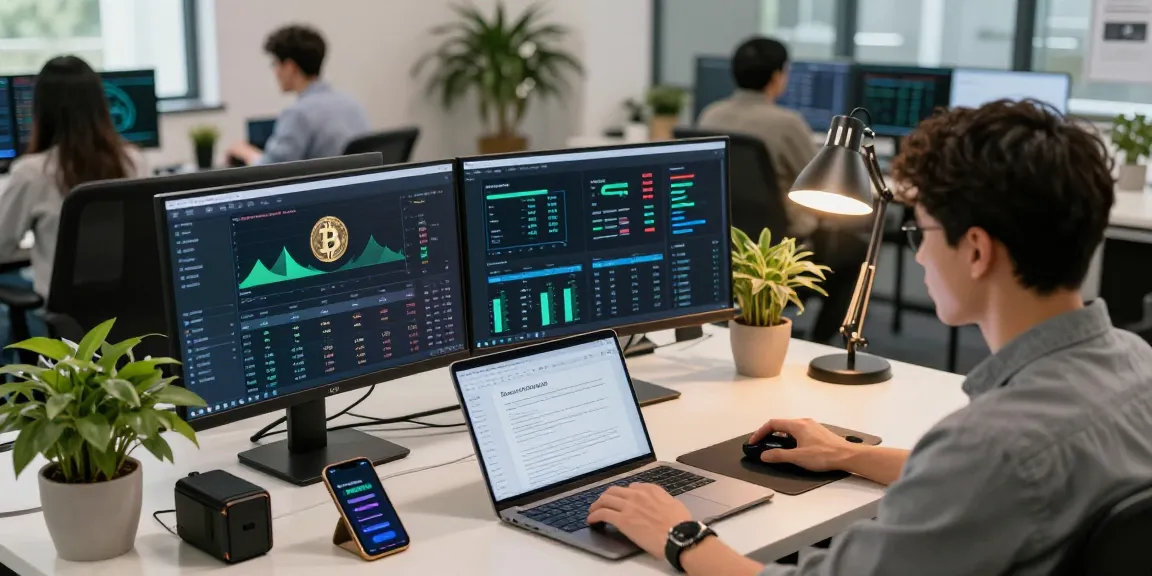 Sustainable bitcoin mining insights displayed on dual monitors in a professional crypto workspace, featuring blockchain performance metrics and digital wallet data.