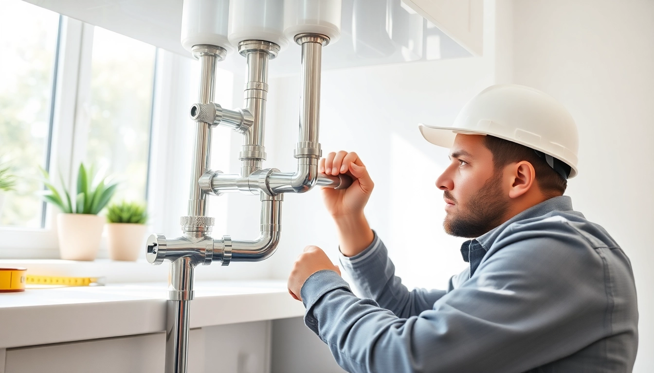 Highlighting whole house repiping services Clearwater FL with a plumber diligently working in a modern kitchen.