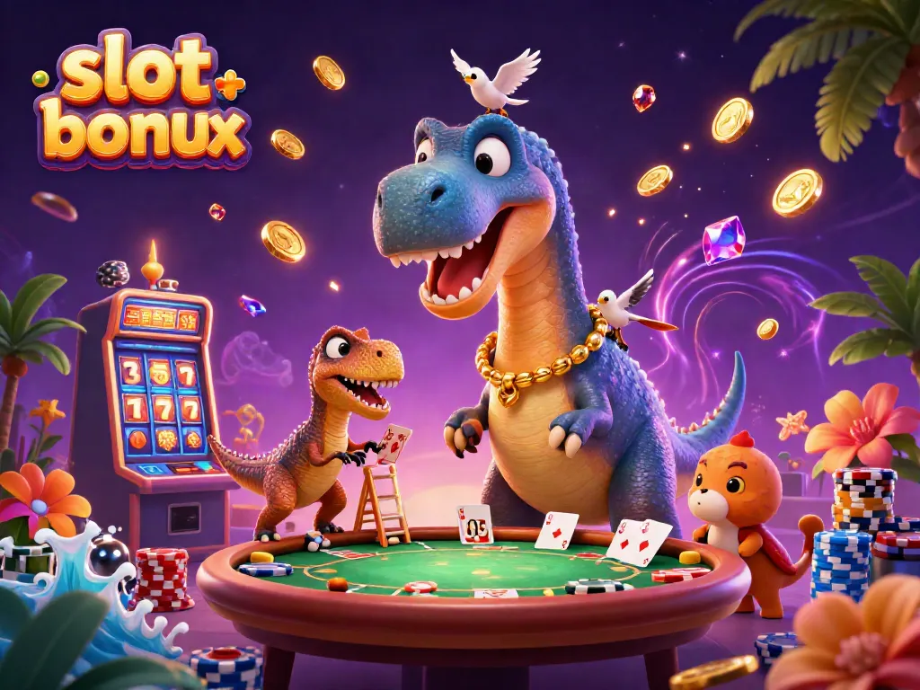 Experience exhilarating gameplay with slot bonus elements in a vibrant casino scene featuring a towering brontosaurus.