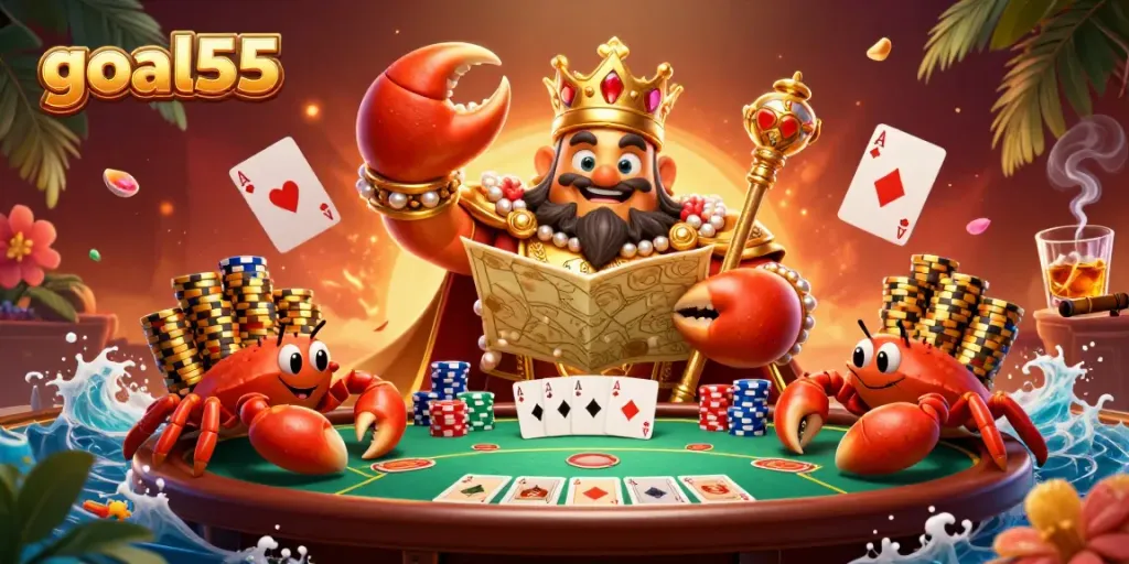 Permainan poker menarik di goal55 dengan kepiting emas dan kerabatnya menyajikan tumpukan chip emas.