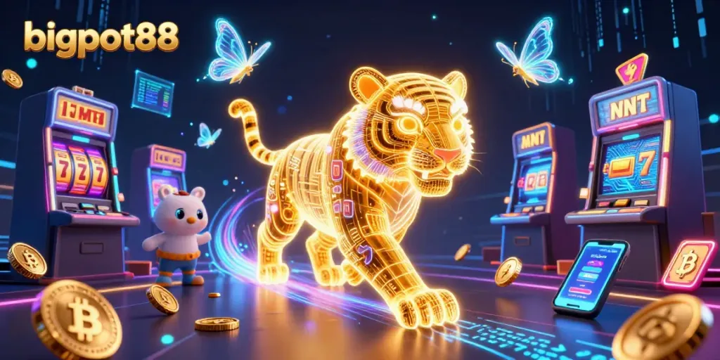 Permainan bigpot88 memikat dengan karakter harimau emas neon dan mesin slot yang berkilau, menciptakan suasana perjudian yang mengagumkan.