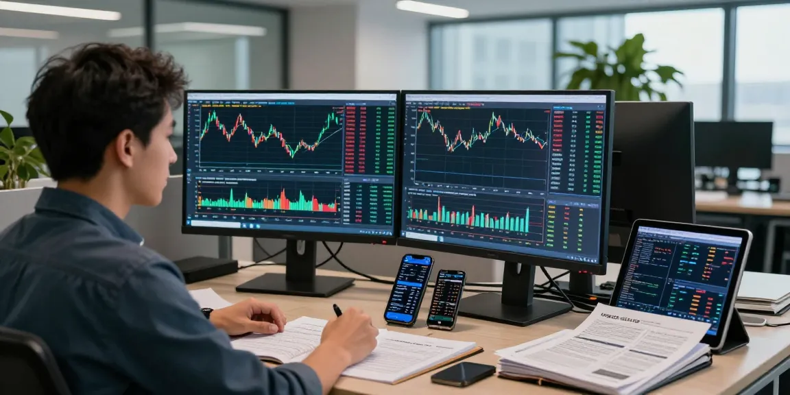 Trader analyzing MT5 charts on modern trading desk with multiple screens in high-rise office.