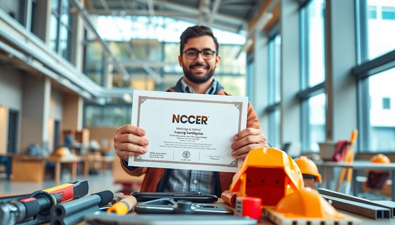 Showcasing NCCER certification in a bright training center setting with construction tools