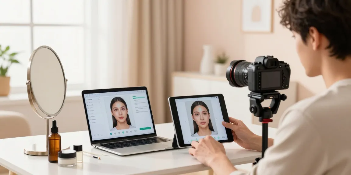 Photo of a young adult engaged with a facial age estimation app, asking how old do I look in a bright and inviting studio.