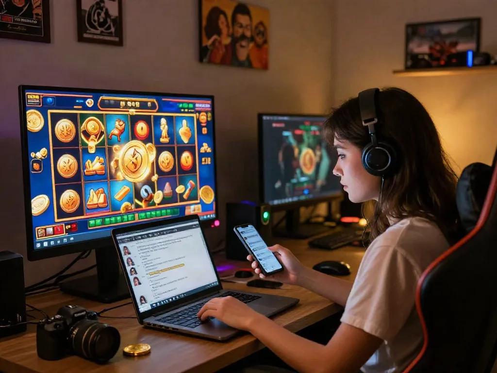 Player enjoying rutanslot online gaming experience on laptop with vibrant visuals and ambient lighting.
