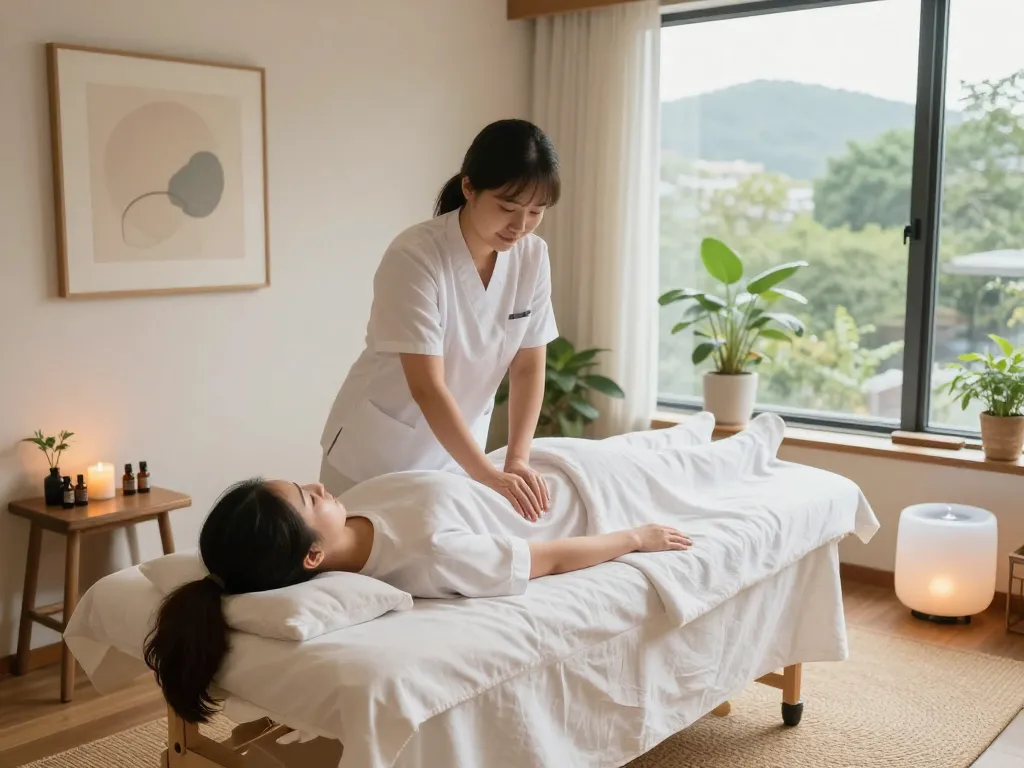 Relaxing 역삼동마사지 session with warm lighting and calming decor in a wellness studio.