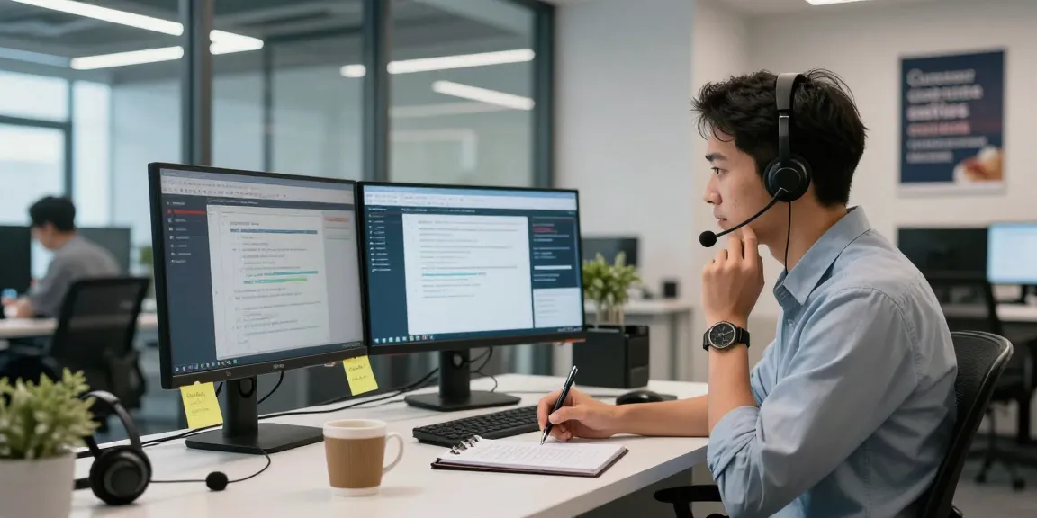 Customer service representative providing Telus-Technical-Support in a modern office.