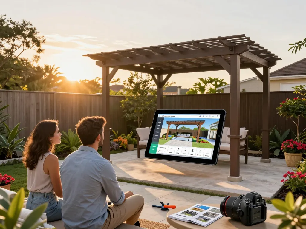 Couple interacting with a 3D Pergola Configurator in a stylish backyard, showcasing augmented reality features.