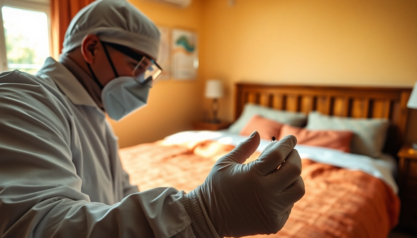 Exterminator applying bed bug control treatment in a cozy bedroom.