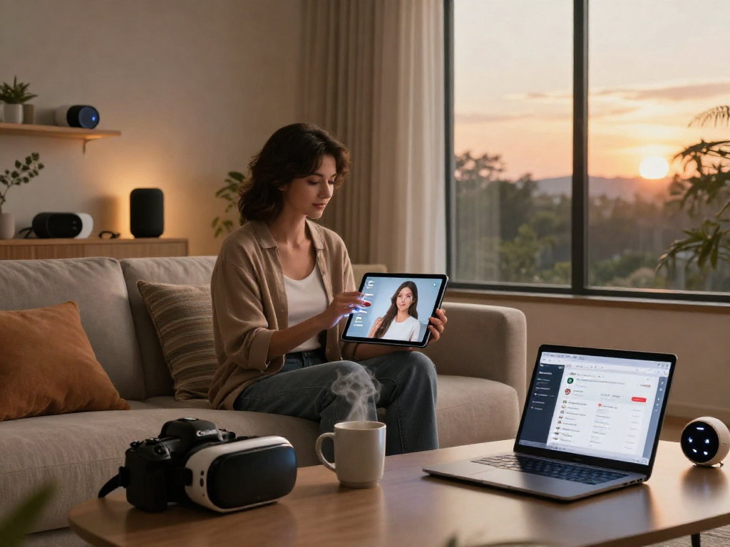 AI girlfriend engaging with a person in a cozy living room setting, showcasing modern technology and relationship.