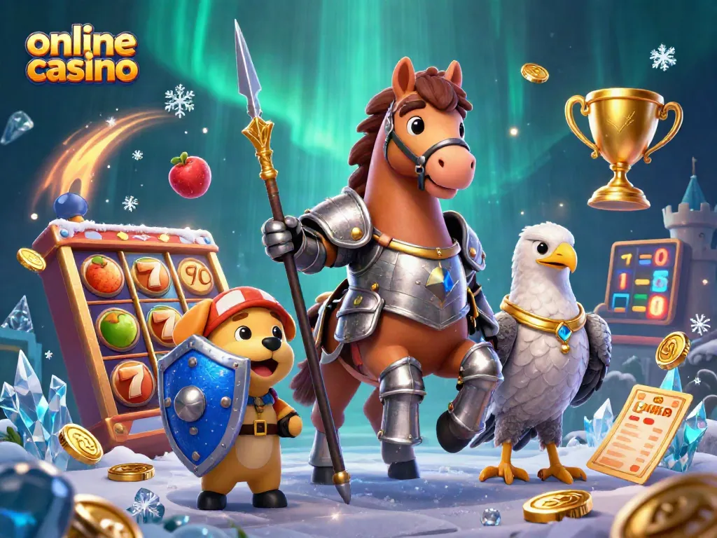 Juega en un emocionante casino online con tragamonedas, monedas doradas y personajes animados de fantasía.