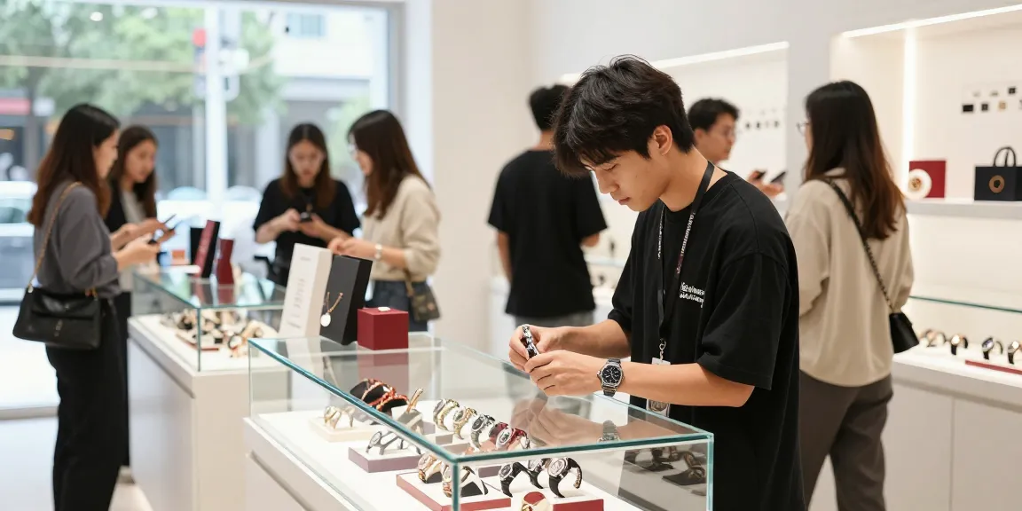 Elegant shopping scene showcasing 시계 레플리카 in a modern environment with bright lighting.