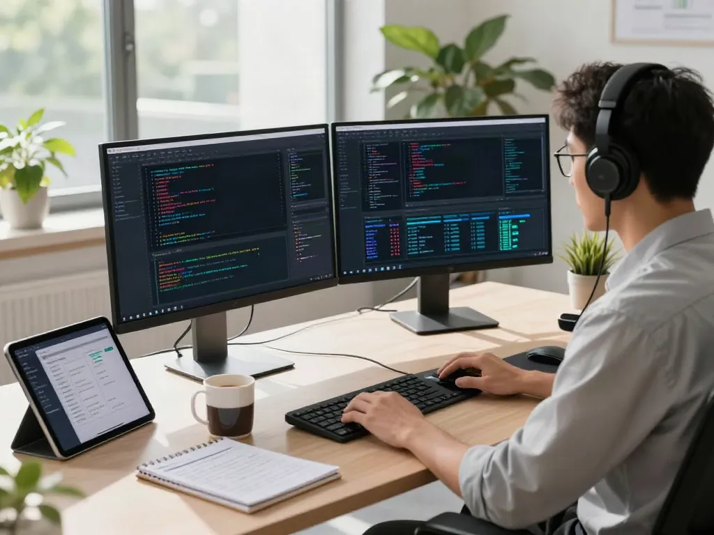 Data scientist utilizing a dataset finder in a modern tech workspace with dual monitors and AI tools.