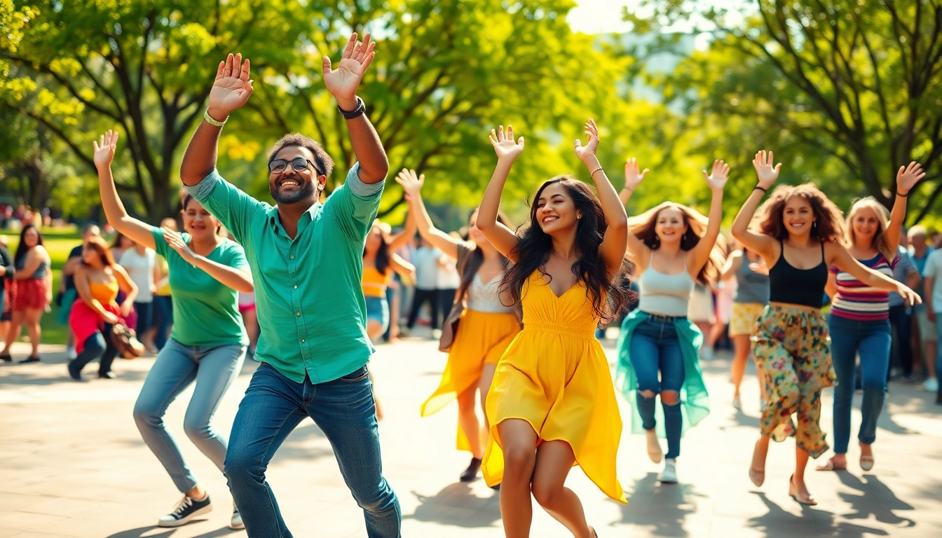 Moovin and groovin dancers joyously perform in a sunny park, showcasing vibrant energy.