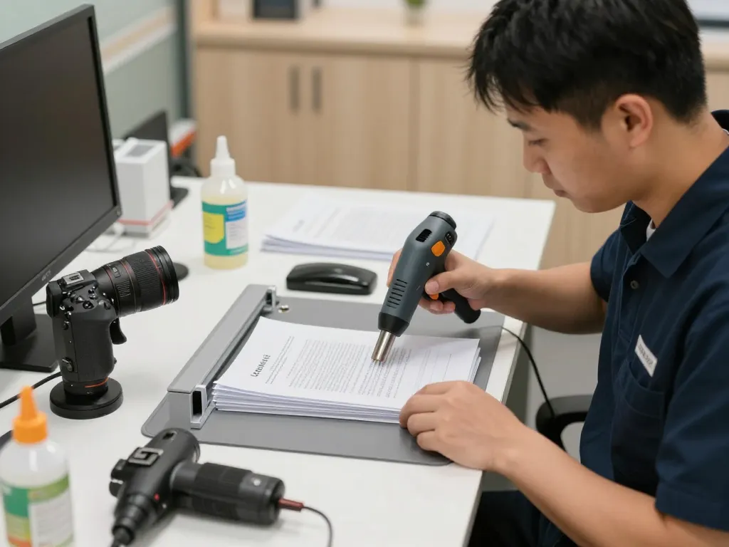 Technician performing bóc ép plastic safely on important documents, ensuring no damage occurs.