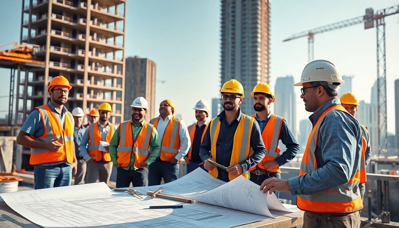 New York General Contractor supervising construction project with diverse team at a vibrant urban site.