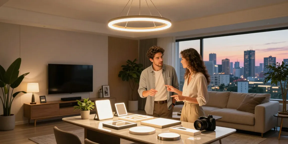 Lustre LED moderne într-un living elegant, pereche discutând despre designul interior.
