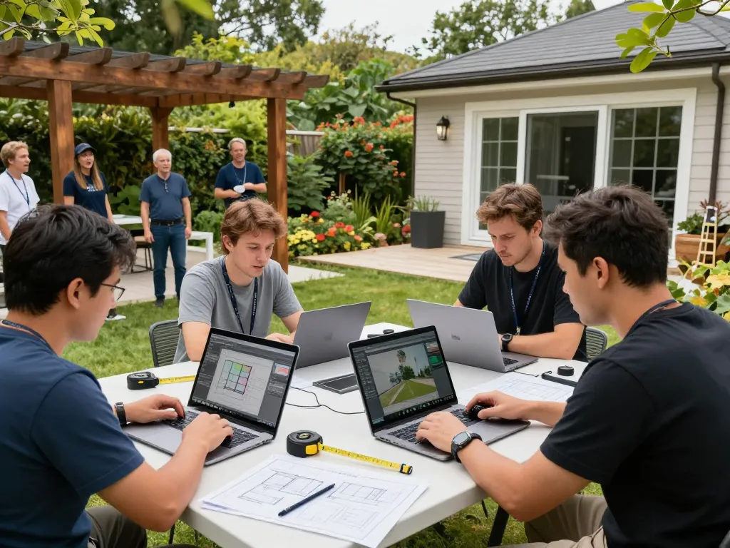 Interior de un ambiente al aire libre vibrante que muestra a instaladores utilizando software para instaladores de verandas para diseñar y configurar verandas personalizadas.