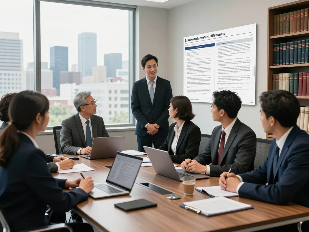 USA lawyers collaborating in a modern office environment, discussing legal strategies and case documents.
