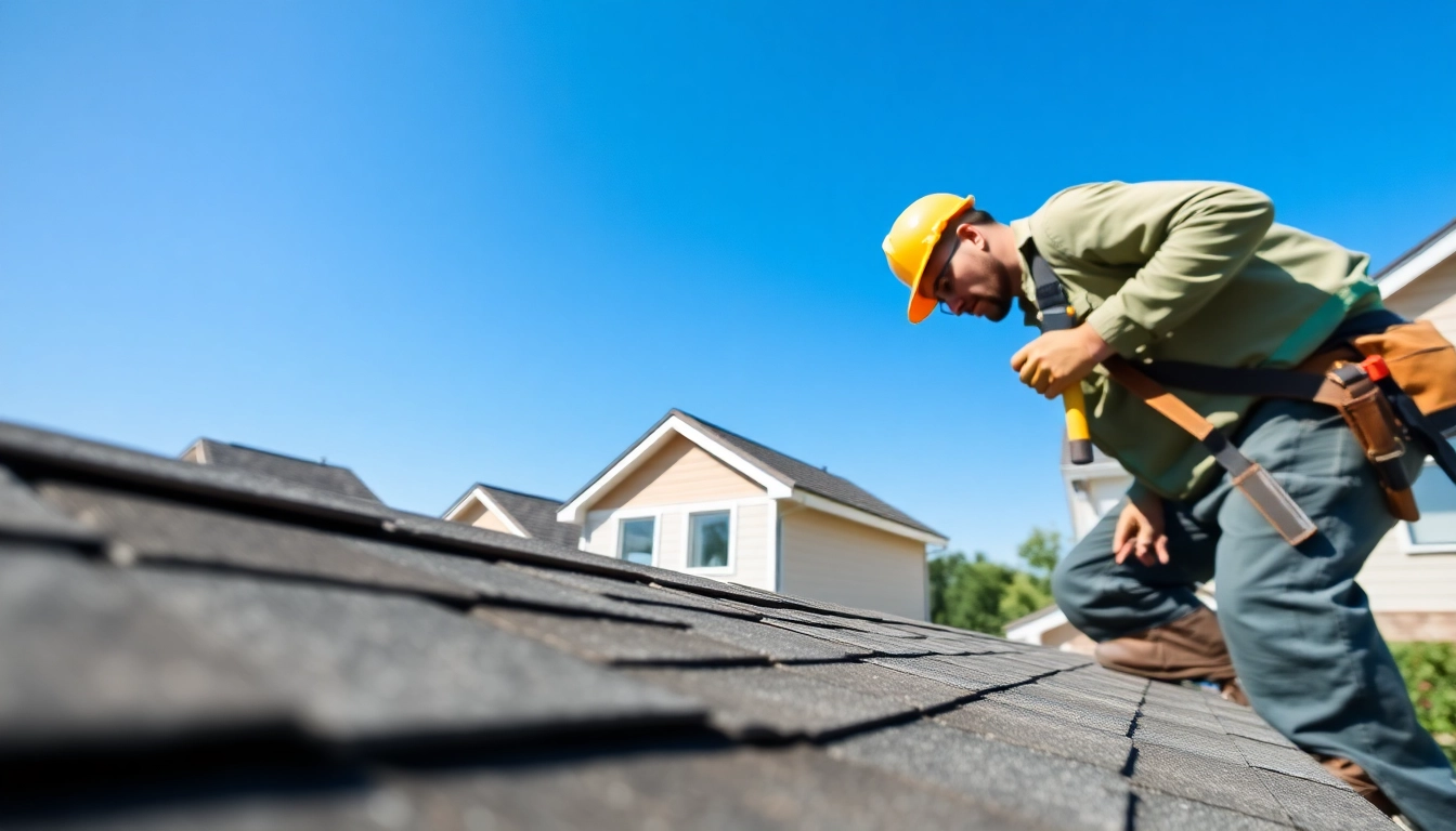 Inspecting roof repair of a residential property with professional tools and bright sunlight.