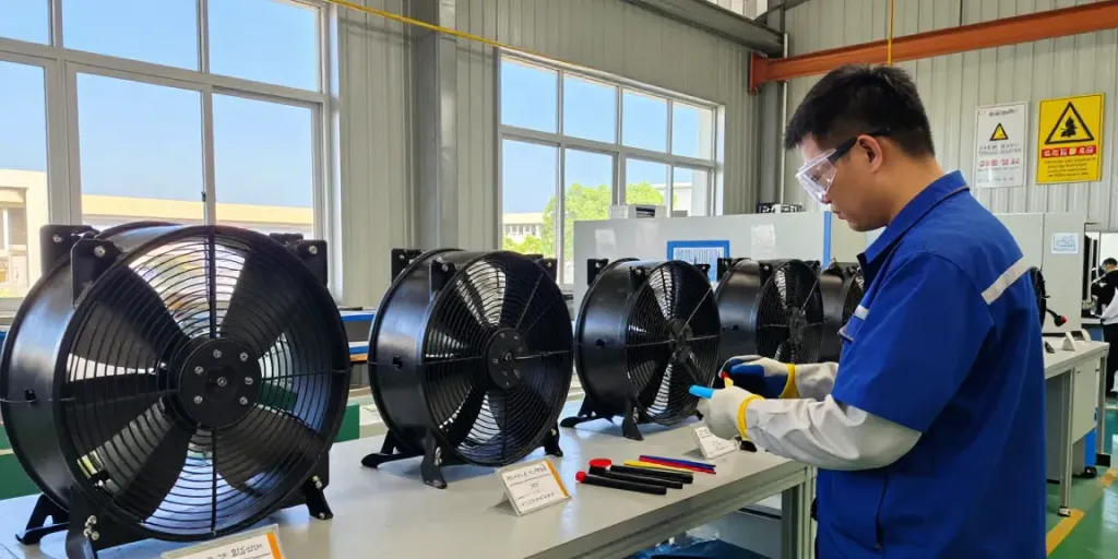 Quạt công nghiệp được kiểm tra trong môi trường nhà xưởng an toàn và chuyên nghiệp.