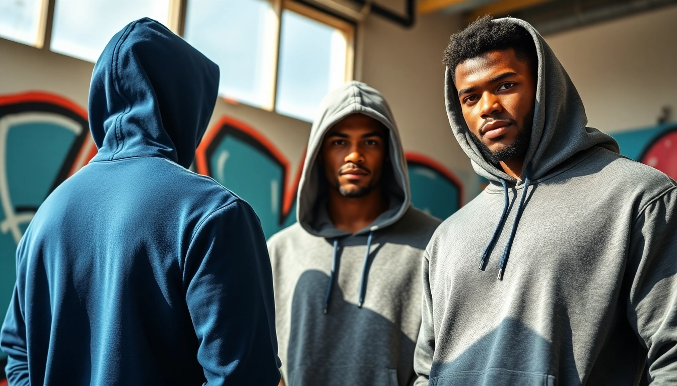 Showcasing stylish high quality blank hoodies in an urban setting with vibrant colors and bright lighting.